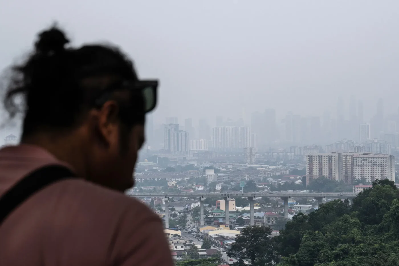 A grey, hazy cityscape features an elevated bridge and many buildings. The blurred back of a person