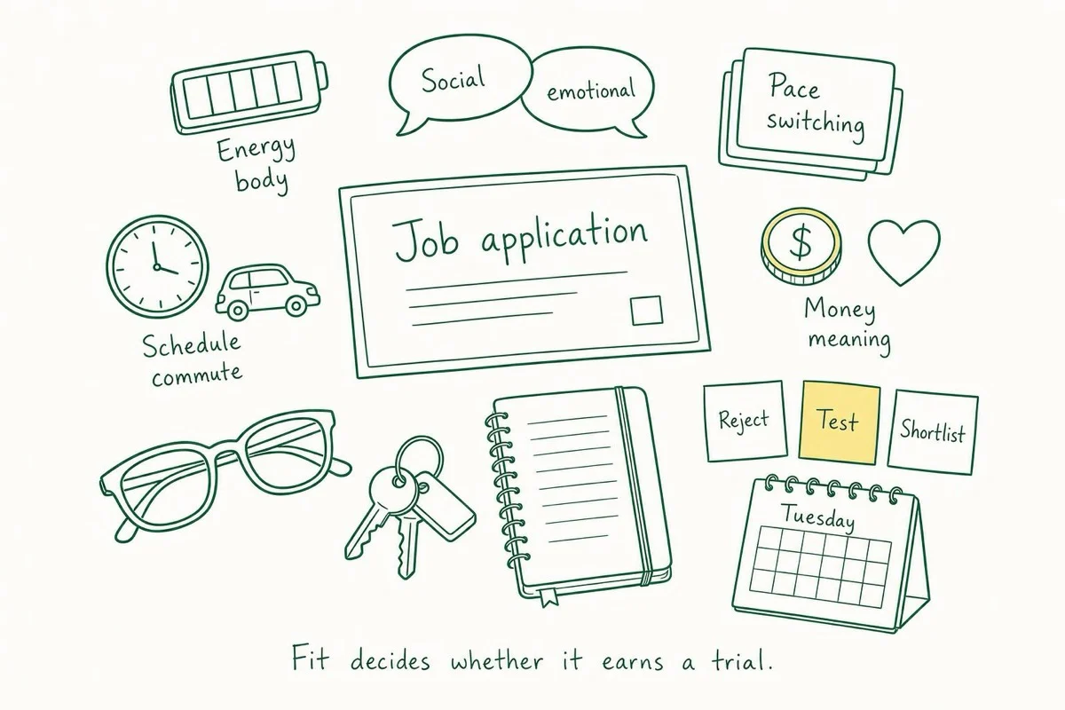 A keyline worktable drawing places a job application among five load checks for energy, people, pace, schedule, and return, with Reject, Test, and Shortlist notes beside a Tuesday calendar.