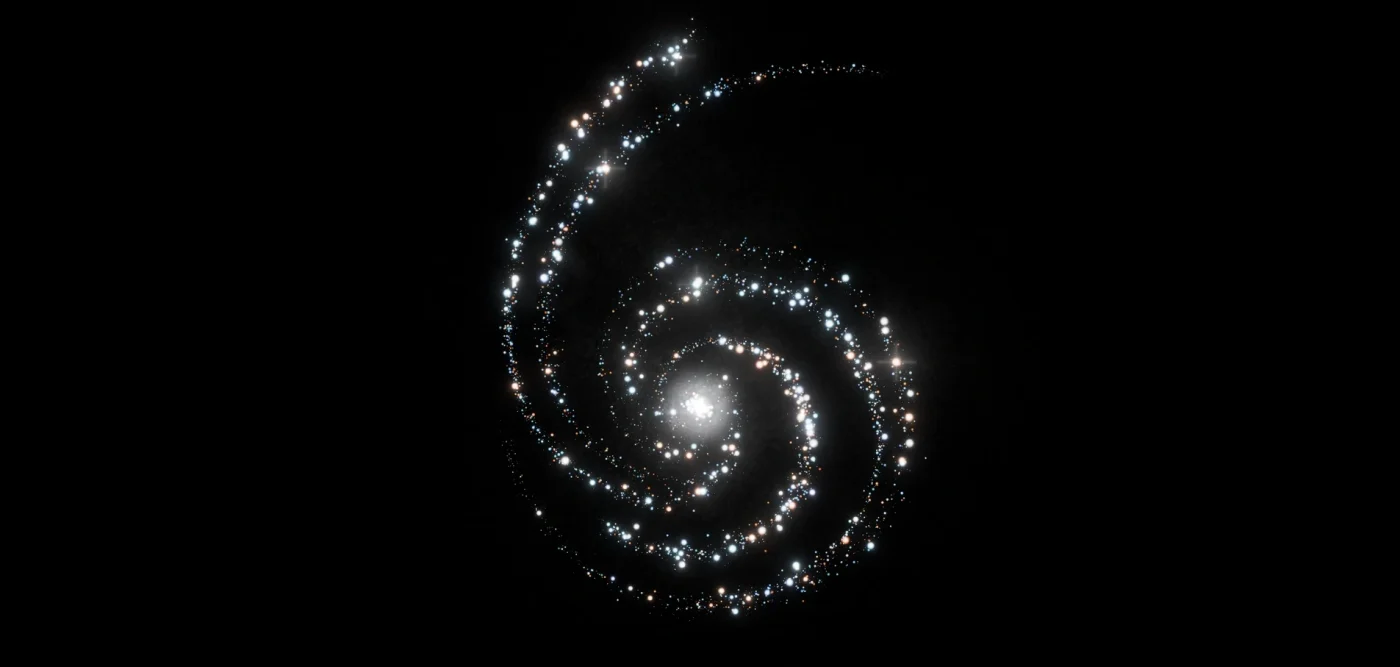 A luminous particle spiral forming the number six against a black background.