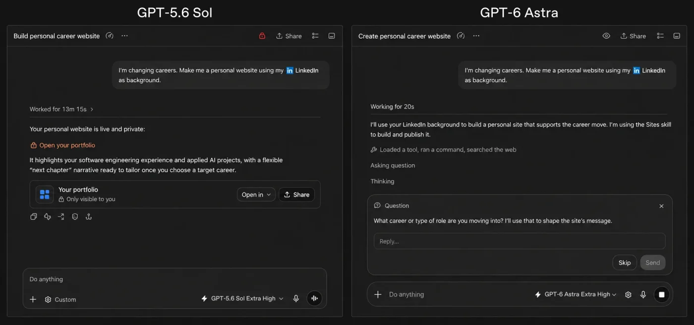 A side-by-side comparison of GPT-5.6 Sol and GPT-6 Astra helping create a personal career website.