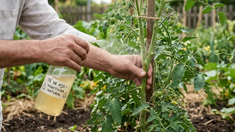 El té de ajo se utiliza como repelente casero para ayudar a proteger las plantas de tomate frente a algunas plagas. (Foto: Imagen ilustrativa generada con IA)
