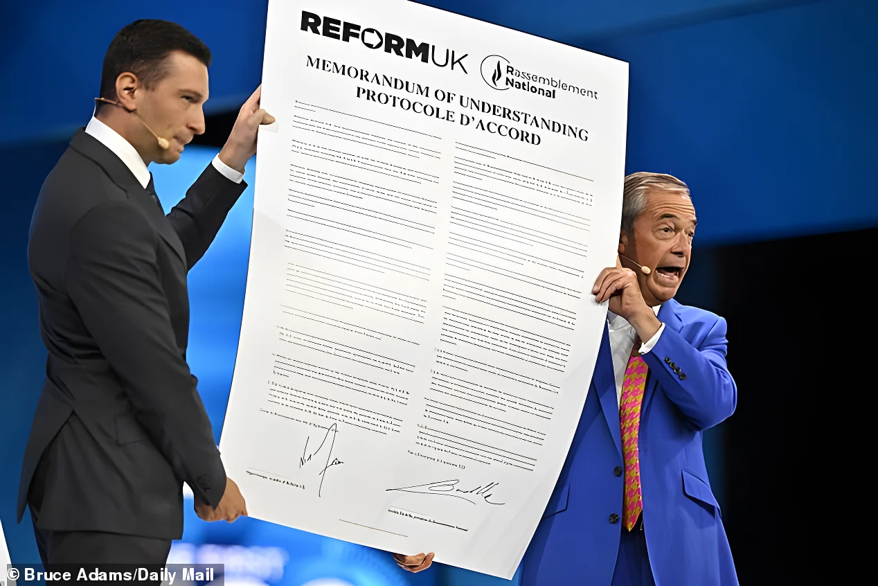 French prime ministerial candidate Jordan Bardella, the leader of the National Rally party, with Nigel Farage at the Reform UK conference. The pair have agreed a tentative returns deal over small-boat migrants