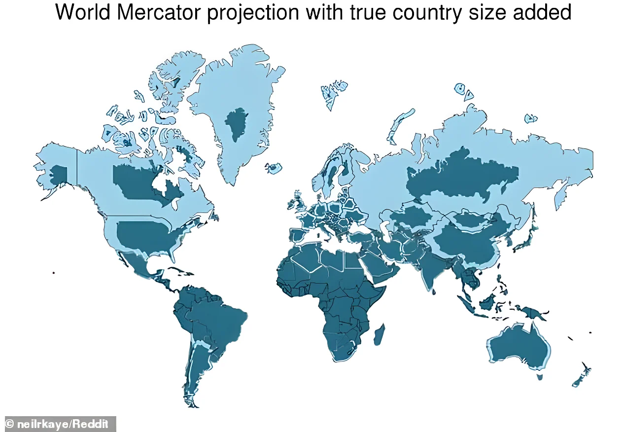 Graphic showing how the Mercator map increases the apparent size of countries in the northern hemisphere, while shrinking those near the equator