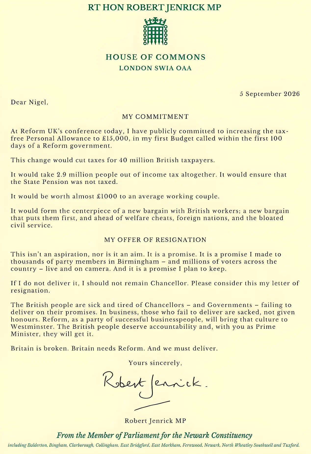 Mr Jenrick has promised to resign as Chancellor if he failed to deliver the tax cut within the first weeks of a Reform government